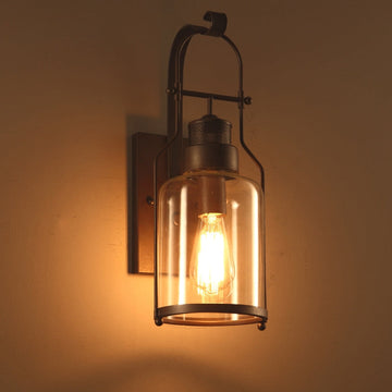 Industrial Loft Rust Metal Lantern Single Wall Sconce with Clear Glass